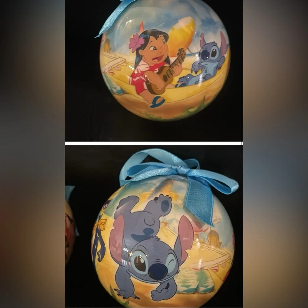 LOT of 7 Disney Store Christmas ball ornament shatterproof round Xmas lilo pooh
